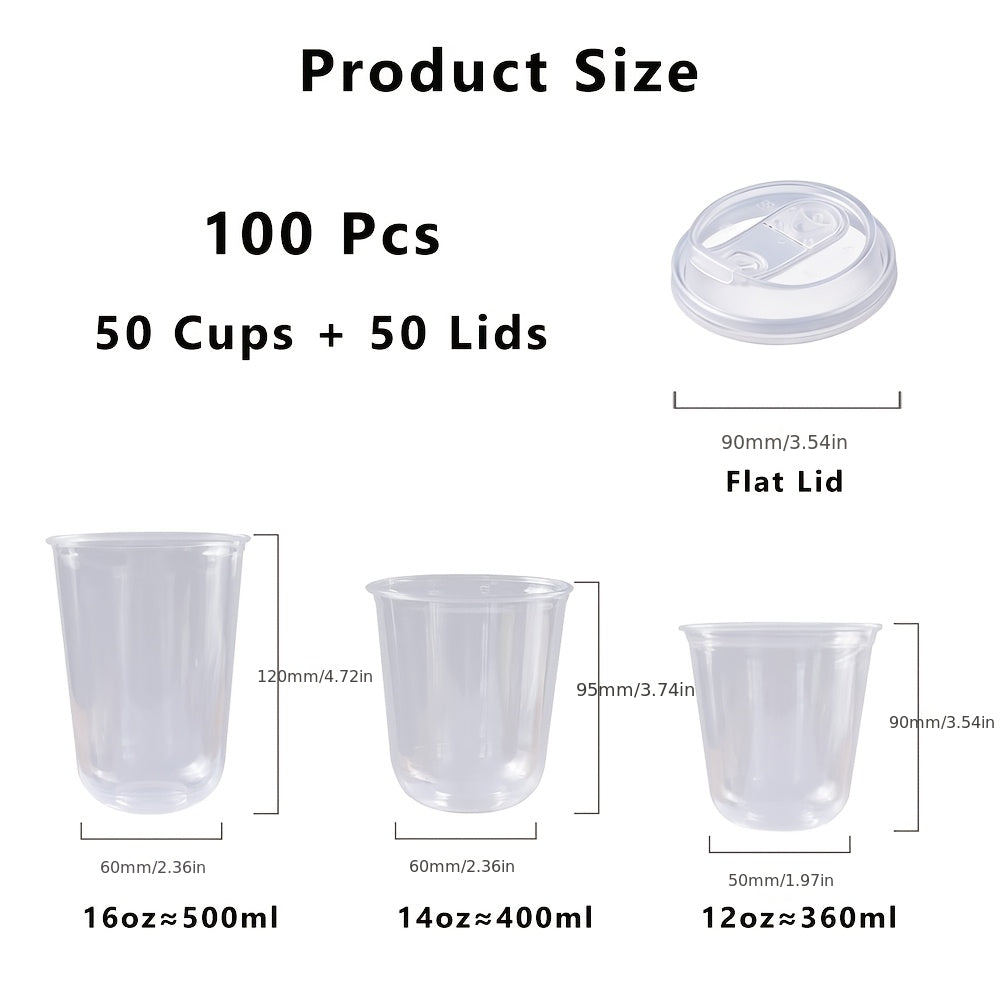 100pcs (50pcs Cups And 50pcs Lids) PET Cups, Plastic Cups with Lids, Leak-Proof Design, Flip-Top Mouth, Very Suitable for Lovers, And Applicable to Tea, Juice And Other Beverages. Very Suitable for Takeaway from Beverage Shops for School