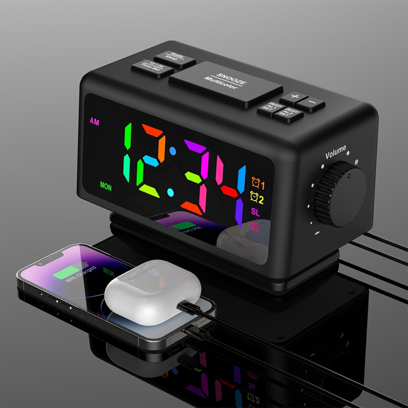 Moderan crni radio budilnik sa RGB LED ekranom, USB napajanjem, FM radiom, funkcijom "Snooze", i pozadinskim osvetljenjem, kompaktan dizajn za pored kreveta ili radni sto, šarmantan budilnik