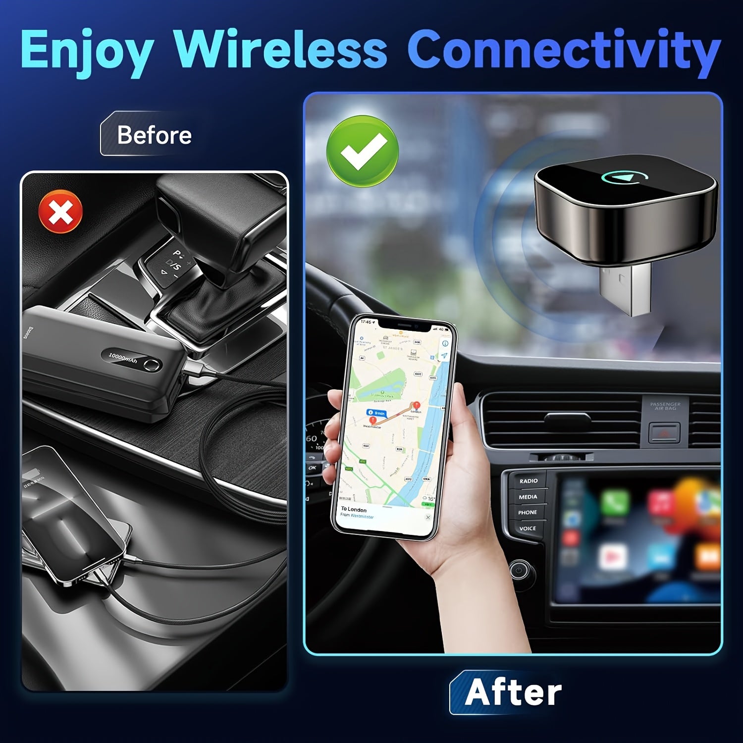 Wireless Adapter Convert Wired to Wireless for Carplay Android Auto Upgrade Plug And Play, Small Size, Fast And Stable Connection