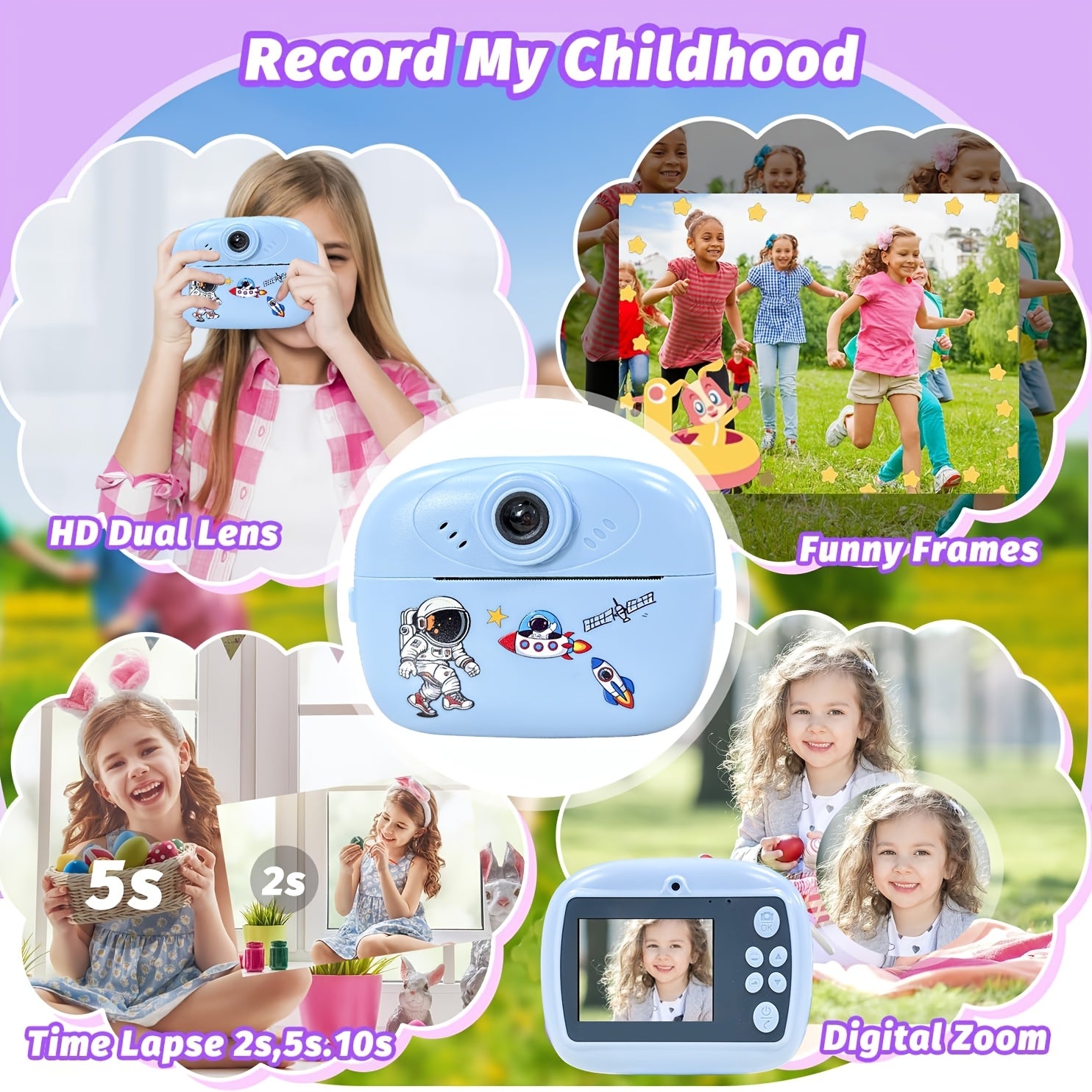 Dečiji fotoaparat za trenutni štampanje 5-u-1 - Odmah štampa fotografije, ima funkciju velike foto-budke, mini-igre, 8x digitalni zum, 1080P HD ekran, fotografija - Uključuje USB kabl, traku za nošenje i tri rolne papira za štampanje - Savršen poklon za N