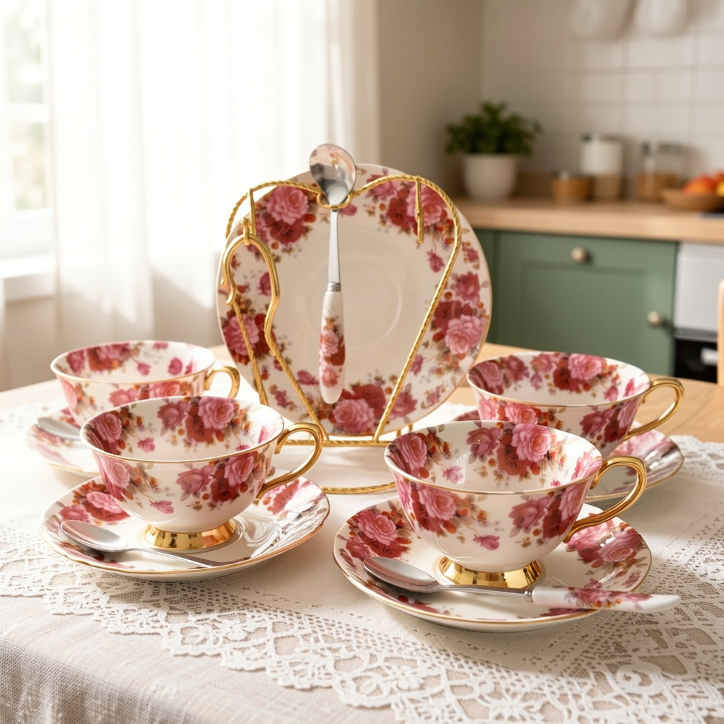 2 Set Roze Cvetni Keramički Šolja i Tacna sa Zlatnim Detaljima, Uključuje 2 Kašike & 1 Metalni Stalak - 7Oz Romantična Vintage Šolja za Čaj, Elegantan Poklon za Majčin Dan, Dan Zaljubljenih za Nju, Ženu, Maminu