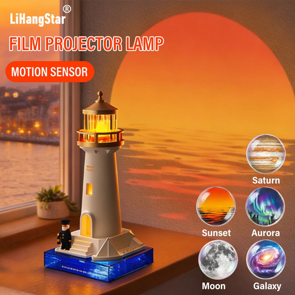 Smart Moonlight Lighthouse Galaxy Projector Light, USB Charging with Interchangeable Projection Film; Motion-sensor Night Light; Bedroom Bedside Lamp; LED Moonlight Projection Ambient Light; Suitable for Ceiling and Wall Decoration, Holiday Gifts