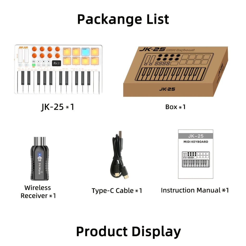 JAMJUM 25-Key MIDI klavijatura sa Drum Pad/Knob, bežičnom konekcijom, DAW kontrolom, podržava bežični MIDI OUT, punjiva baterija sa MIDI risiverom