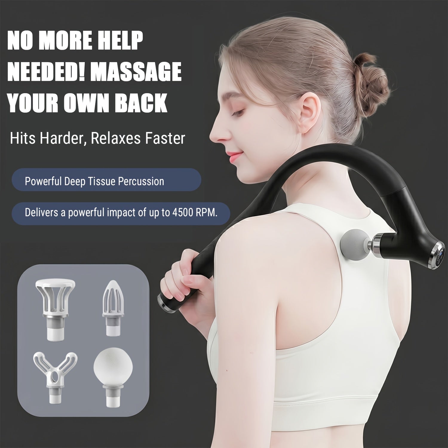 MINDMED New Long-Handle Massage Gun: 12-Speed Deep Tissue Muscle Massager, 4500 RPM High-Frequency Percussion, Extendable Handle for Muscle