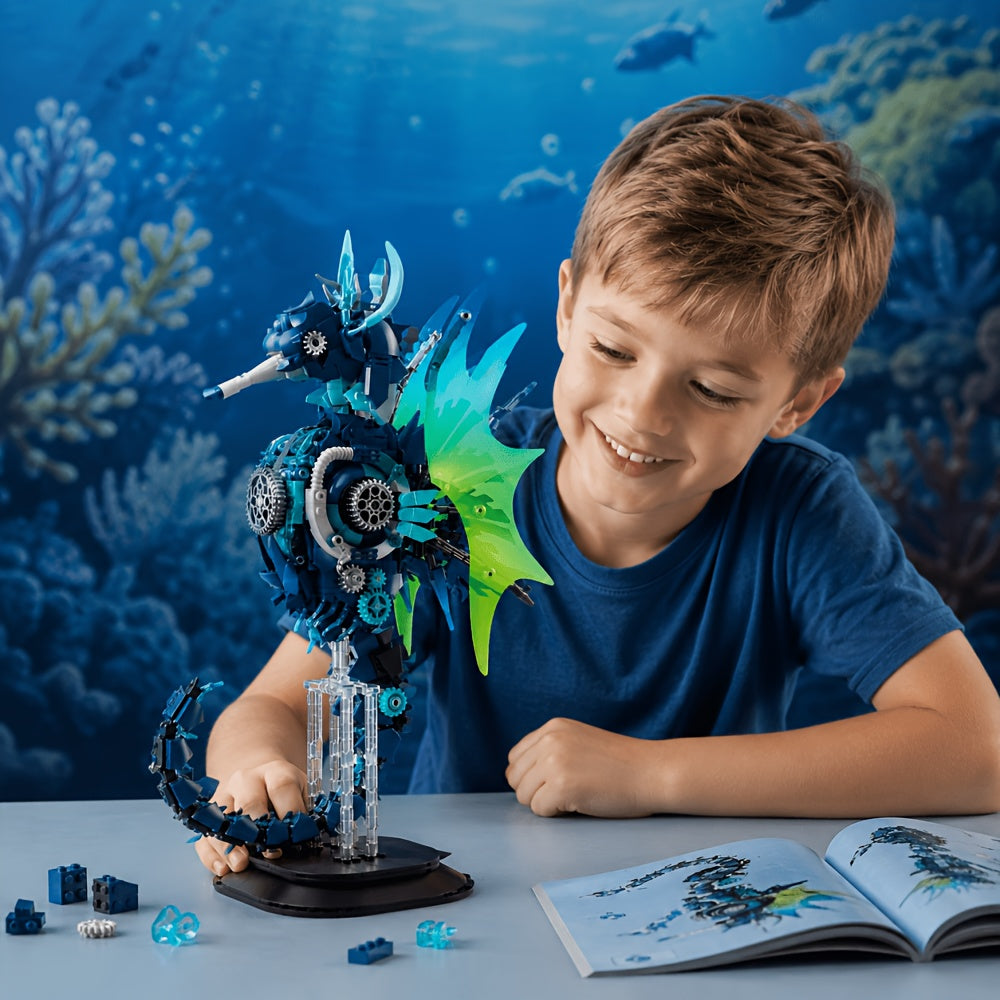 Mehanički set građevinskih blokova morskog konjića za decu od 8+, Kreativni set modela morskih životinja, DIY STEM igračka od cigli, Ukras za radni sto, Poklon za rođendan i Božić za dečake i devojčice