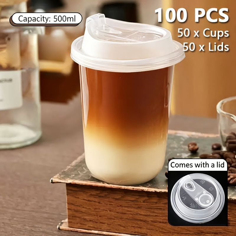 100pcs (50pcs Cups And 50pcs Lids) PET Cups, Plastic Cups with Lids, Leak-Proof Design, Flip-Top Mouth, Very Suitable for Lovers, And Applicable to Tea, Juice And Other Beverages. Very Suitable for Takeaway from Beverage Shops for School