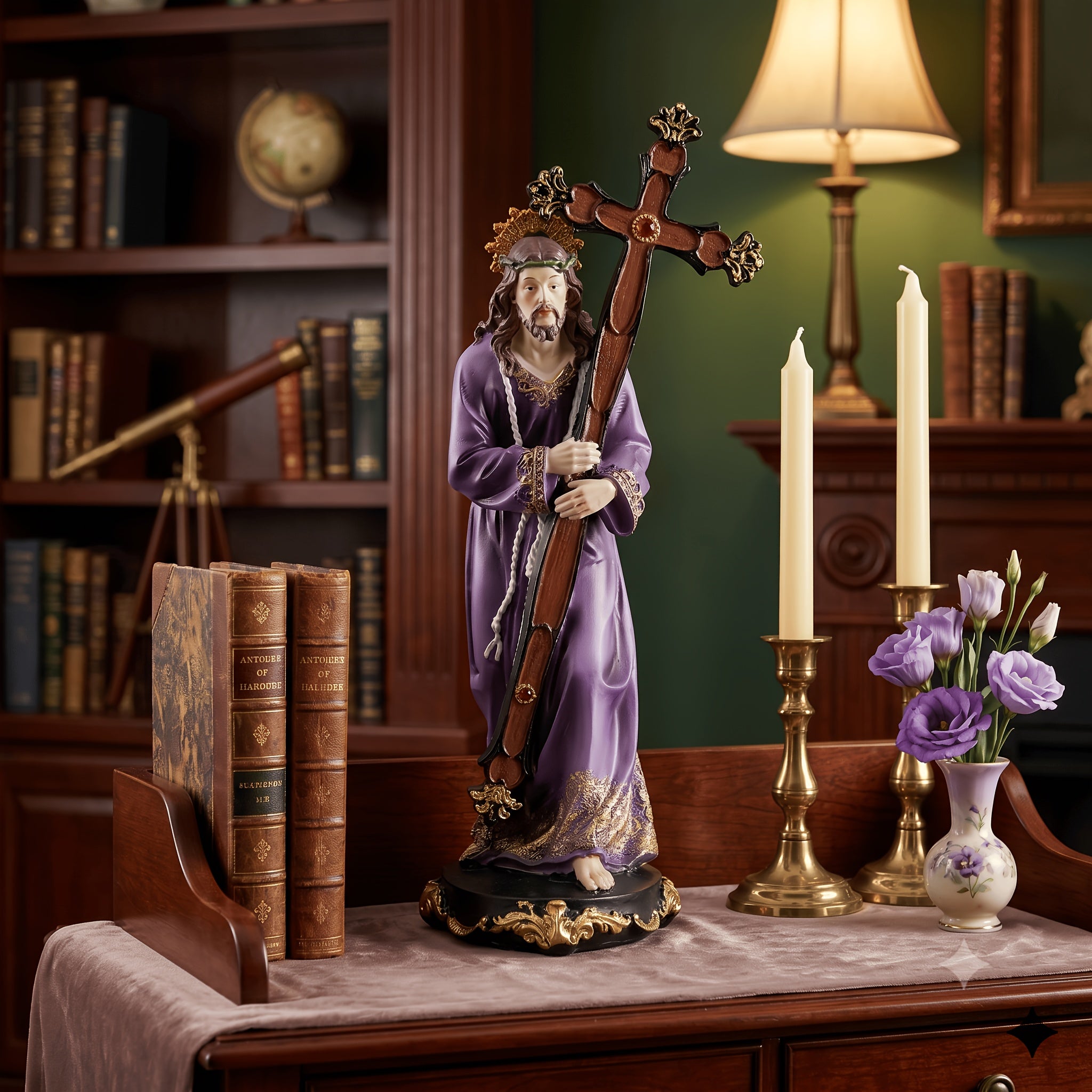 [29.21 cm] Statua sa Križem; Dekorativna Figura u Ljubičastoj Haljini sa Križem; Religiozni Ornament; Pogodno za Oltare i Crkve Kao Predstava Patrulje Isusa; Poklon