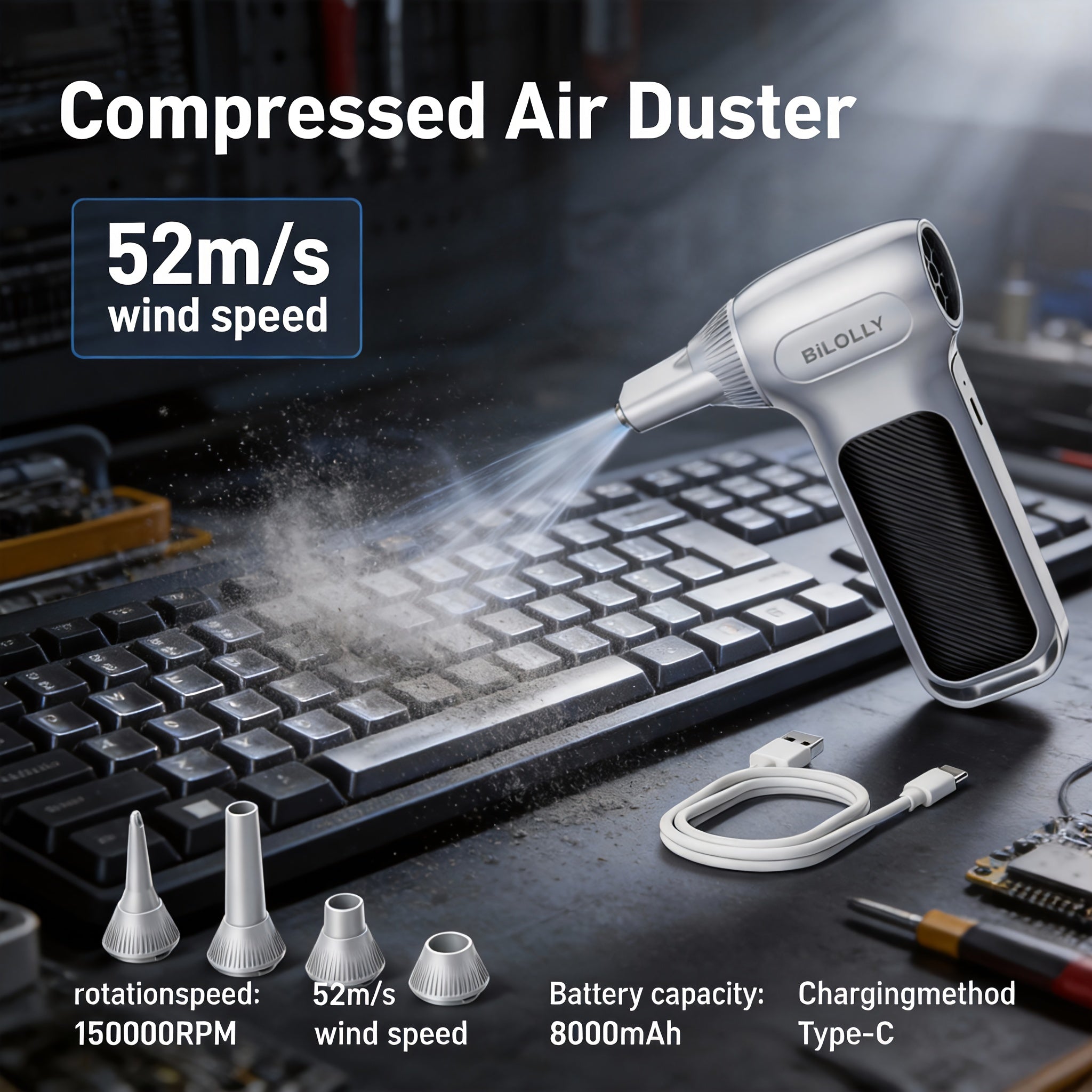 BILOLLY Turbo Duvač Prašine, 150.000 RPM Ventilator sa Kompresorom Vazduha Jačine Uragana, Brushless Motor Visokih Performansi, Baterija od 8000mAh Ultra-Duga Izdržljivost, Idealan za Uklanjanje Prašine sa Elektronskih Uređaja, Čišćenje Automobila i Palje