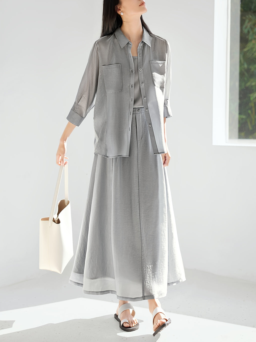 IHIMI 2pcs Set New Women's Spring/Summer Top 2pcs Set: Relaxed Layered Ruffle Sleeve Comfortable Cool Shirt + Camisole Top 2pcs Set, New Spring/Summer Women's Clothing for Casual Fashion and City Vacations
