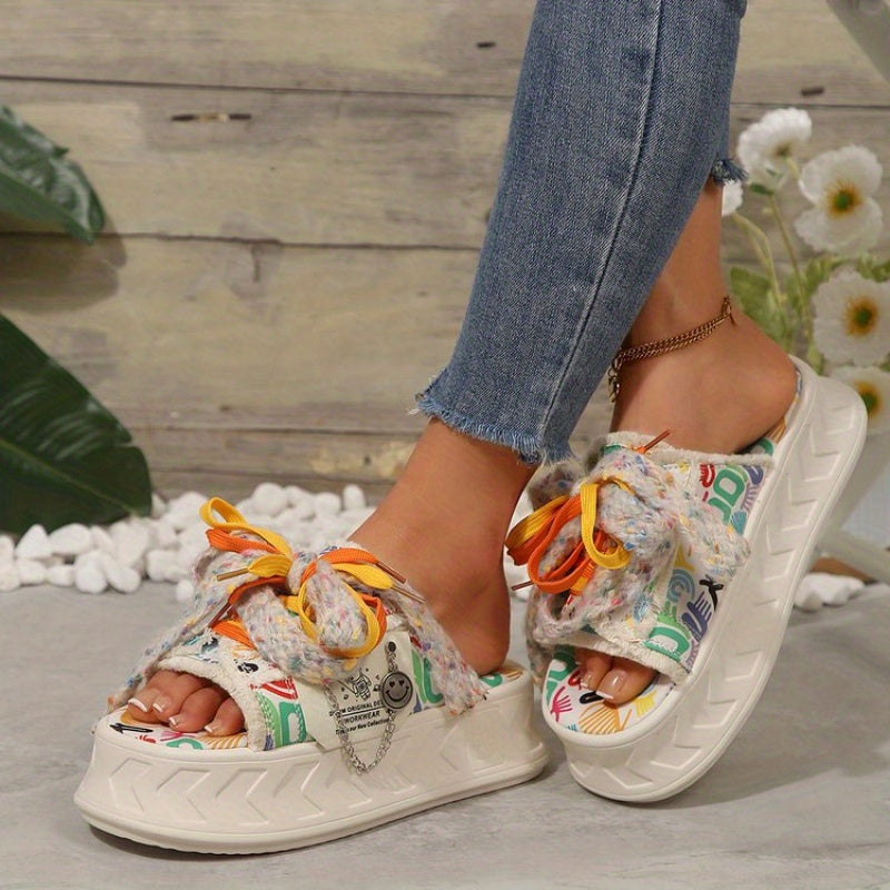 Cute Women's Slip-On Slippers, 2025 Summer New Arrival, Outerwear Cartoon Korean Style Fashionable Versatile Platform Thick-Soled Slippers, Women Shoes
