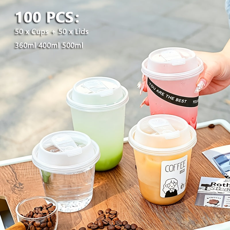 100pcs (50pcs Cups And 50pcs Lids) PET Cups, Plastic Cups with Lids, Leak-Proof Design, Flip-Top Mouth, Very Suitable for Lovers, And Applicable to Tea, Juice And Other Beverages. Very Suitable for Takeaway from Beverage Shops for School