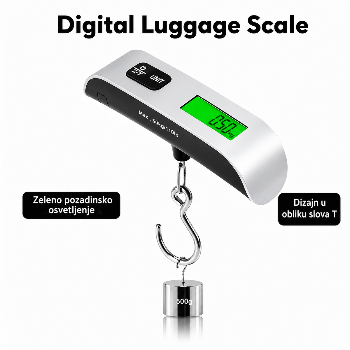 Prenosiva elektronska digitalna putna vaga za prtljag, kapacitet 50kg/10g