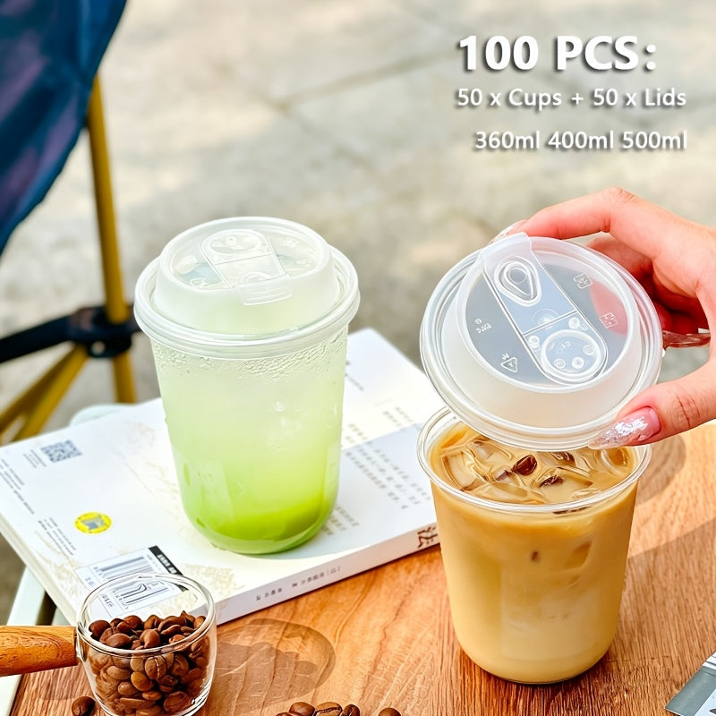 100pcs (50pcs Cups And 50pcs Lids) PET Cups, Plastic Cups with Lids, Leak-Proof Design, Flip-Top Mouth, Very Suitable for Lovers, And Applicable to Tea, Juice And Other Beverages. Very Suitable for Takeaway from Beverage Shops for School