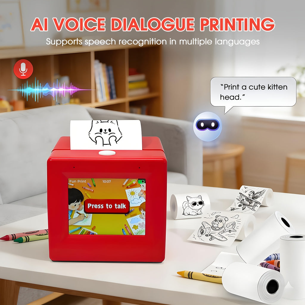 AI Mini Glasovni Štampač: Govorite i Štampa! Pretvara Glas u Instantne Skice, Beleške, Stikere. Prenosivi 8X8.8X9.6Cm, Ručni i Lak za Nošenje. Odličan za Kreativne Zadatke, Putovanja, Pametan Život. Uključuje Rolnu Papira & Kabl. Vaš Lični AI Štampač