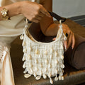 Women's Beaded Checkered ic Closure Handbag with Shell Pendant & Wood-Shaped Handle - Solid Color Suitable for Dinners, Parties, Weddings, Proms, Daily Wear - Elegant Versatile Bag for Dresses, Casual & Formal Outfits