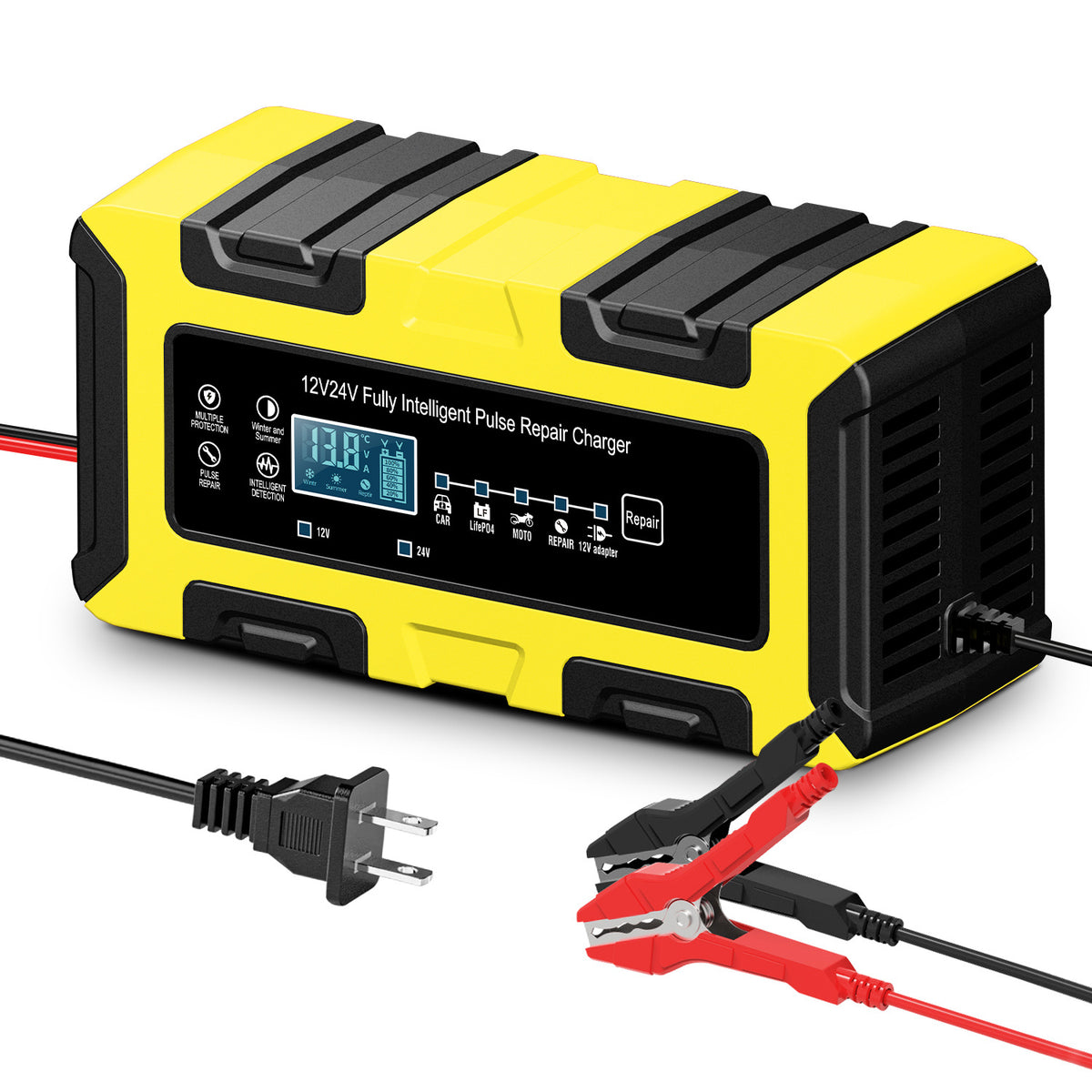 12V 6A Pametni punjač akumulatora za automobile sa LCD ekranom u boji, identifikacijom temperature, trickle punjenjem i održavanjem akumulatora za automobile, motocikle i kosilice - EU utikač, akumulator nije uključen