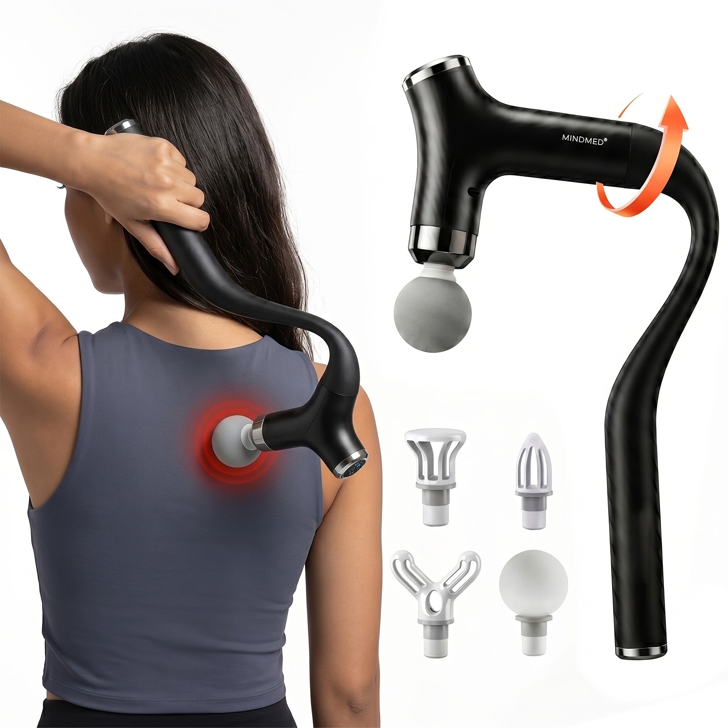 MINDMED New Long-Handle Massage Gun: 12-Speed Deep Tissue Muscle Massager, 4500 RPM High-Frequency Percussion, Extendable Handle for Muscle