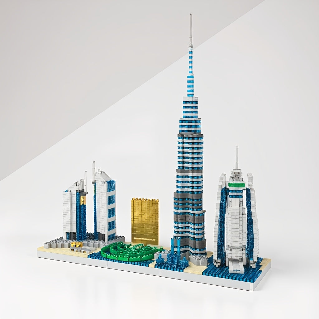 Model građevinskih blokova sa mikro česticama sa siluetom Dubaija, sa Burj Khalifom, hotelom Jumeirah Beach i scenom fontane, kreativan poklon za dečake. Statična verzija, bez struje, bez kutije u boji