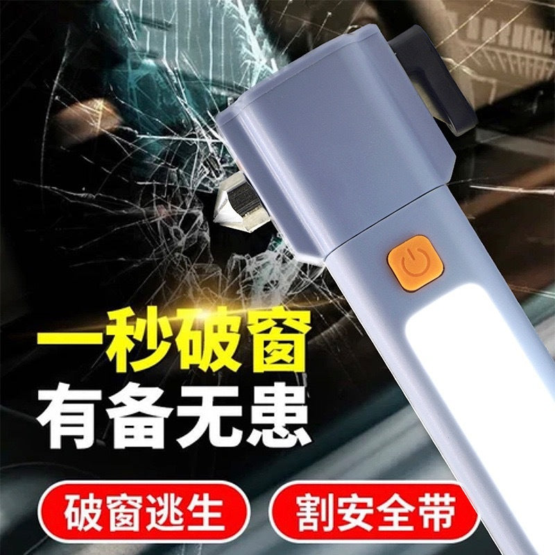 跨境多功能带破窗锤手电COB侧灯两用变焦手电露营磁吸安全锤代发