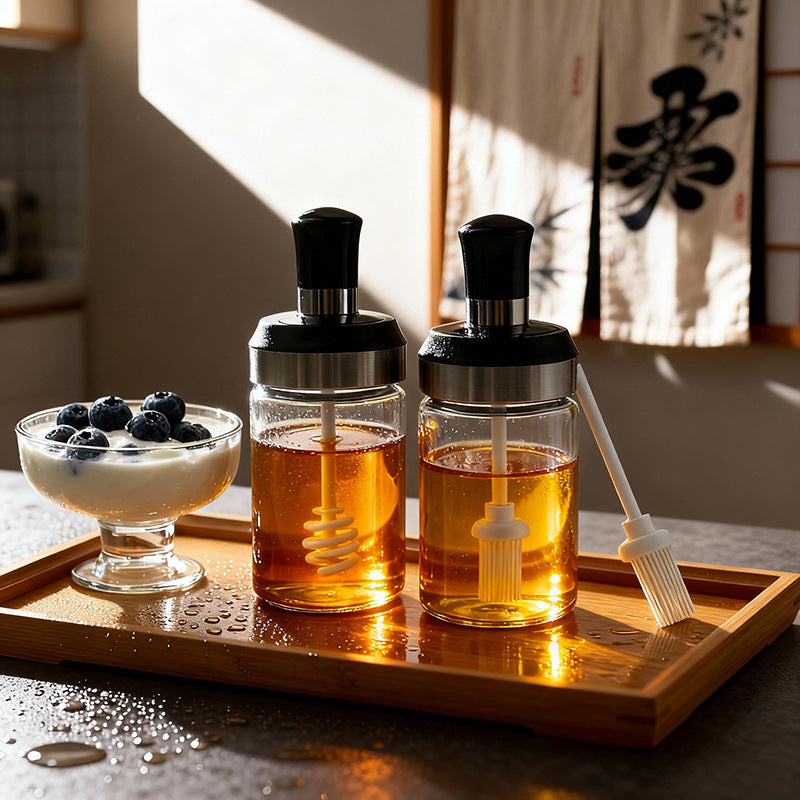 厨房用品调料罐勺盖一体玻璃调味瓶油刷盐糖佐料罐蜂蜜棒透明空