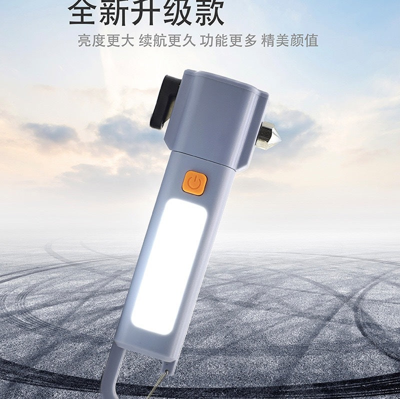 跨境多功能带破窗锤手电COB侧灯两用变焦手电露营磁吸安全锤代发