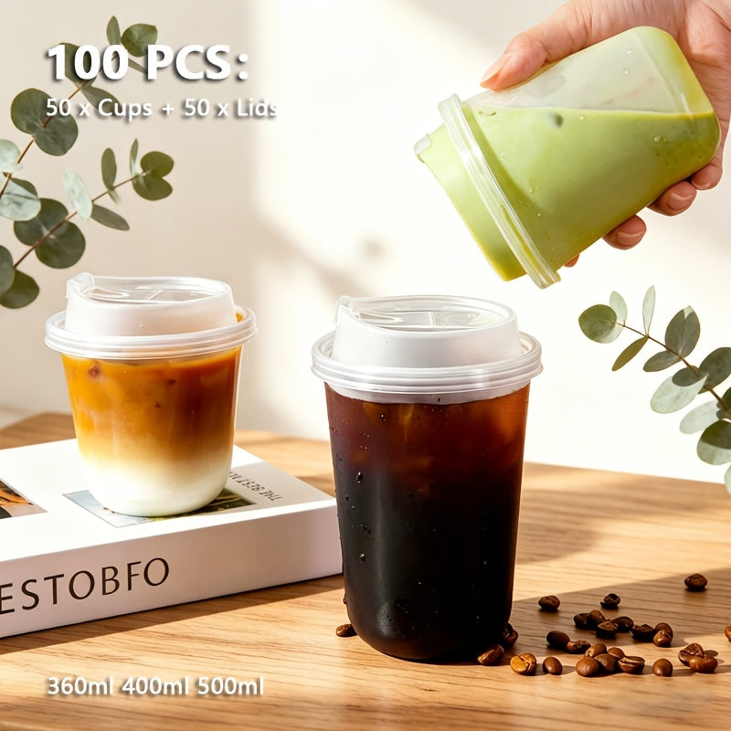 100pcs (50pcs Cups And 50pcs Lids) PET Cups, Plastic Cups with Lids, Leak-Proof Design, Flip-Top Mouth, Very Suitable for Lovers, And Applicable to Tea, Juice And Other Beverages. Very Suitable for Takeaway from Beverage Shops for School