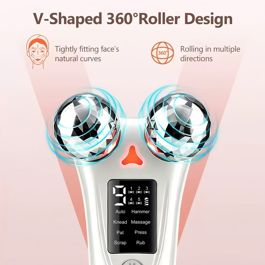 V-Shaped Facial Roller Massager, 3D Spherical Roller Massager, Face and Neck Massager, 8 Modes and 9 Vibration Intensity Levels, Ideal for Travel and Home Use, Beauty Tool for Women, Holiday Gift for Women