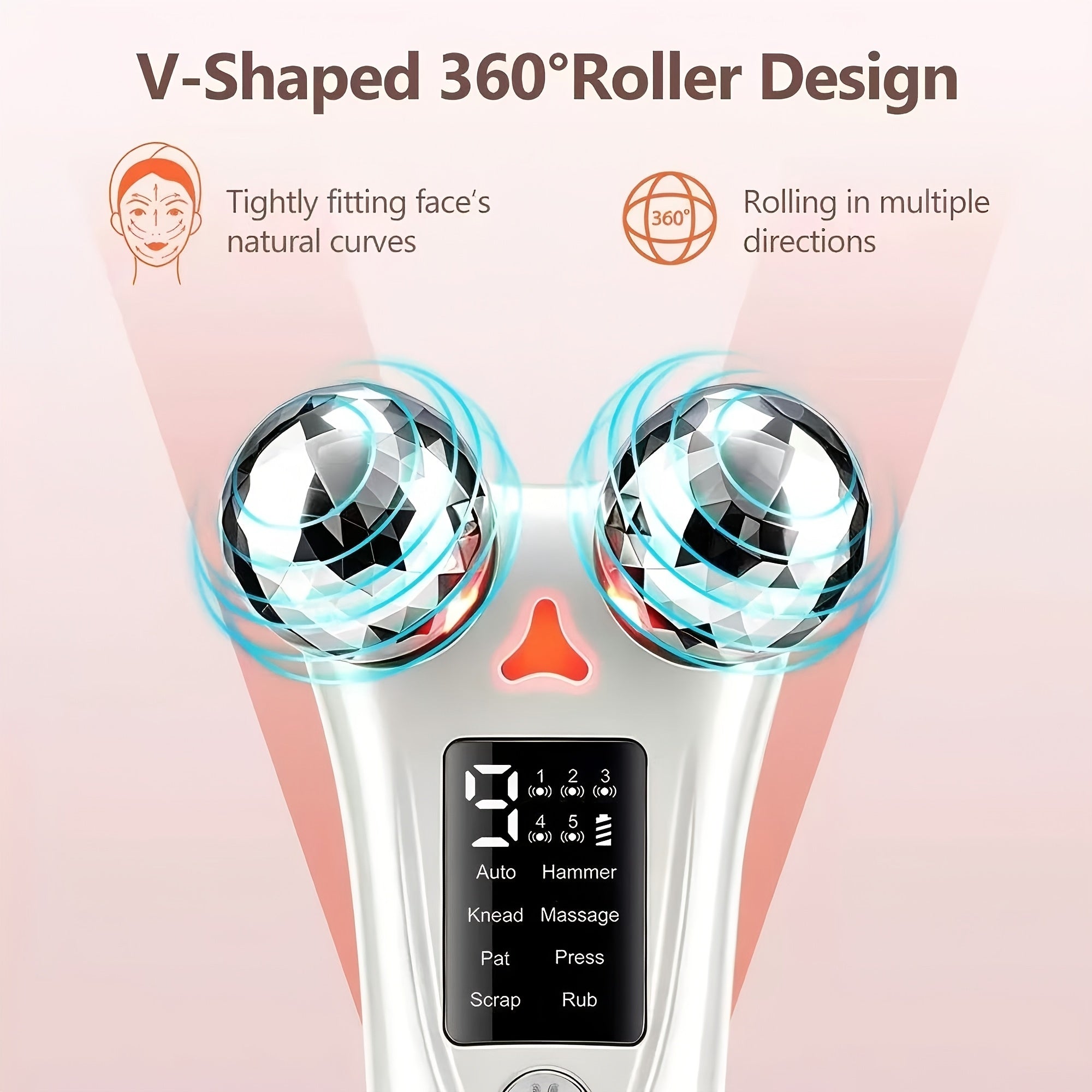 V-Shaped Facial Roller Massager, 3D Spherical Roller Massager, Face and Neck Massager, 8 Modes and 9 Vibration Intensity Levels, Ideal for Travel and Home Use, Beauty Tool for Women, Holiday Gift for Women