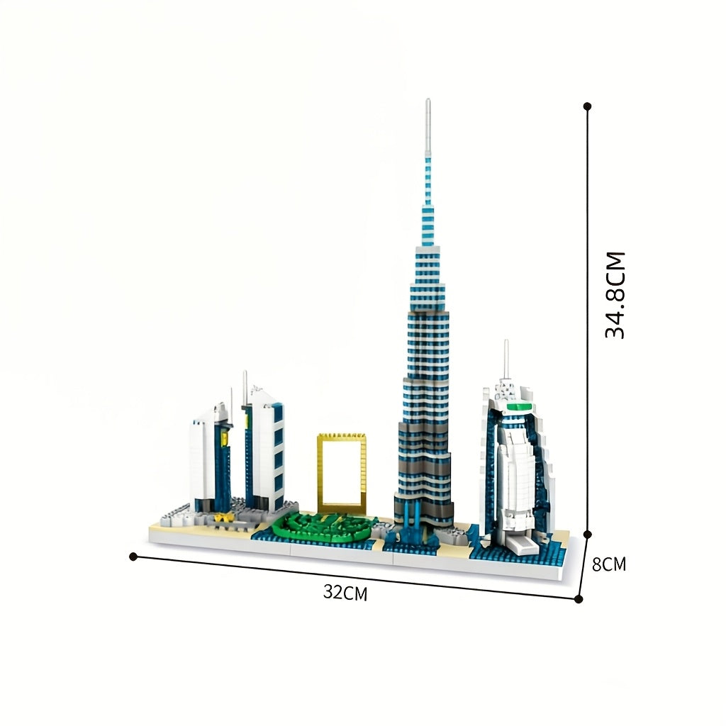 Model građevinskih blokova sa mikro česticama sa siluetom Dubaija, sa Burj Khalifom, hotelom Jumeirah Beach i scenom fontane, kreativan poklon za dečake. Statična verzija, bez struje, bez kutije u boji