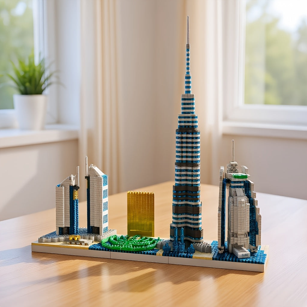 Model građevinskih blokova sa mikro česticama sa siluetom Dubaija, sa Burj Khalifom, hotelom Jumeirah Beach i scenom fontane, kreativan poklon za dečake. Statična verzija, bez struje, bez kutije u boji