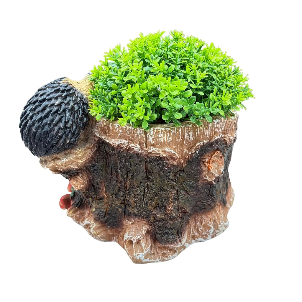 Resin Hedgehog Family Garden Statue with Flower Pot Base - Rustic Outdoor Decoration Suitable for Lawns, Courtyards, Christmas Gifts, Ground Stake Figurine for Gardens,, and Decor (Wooden Stake)