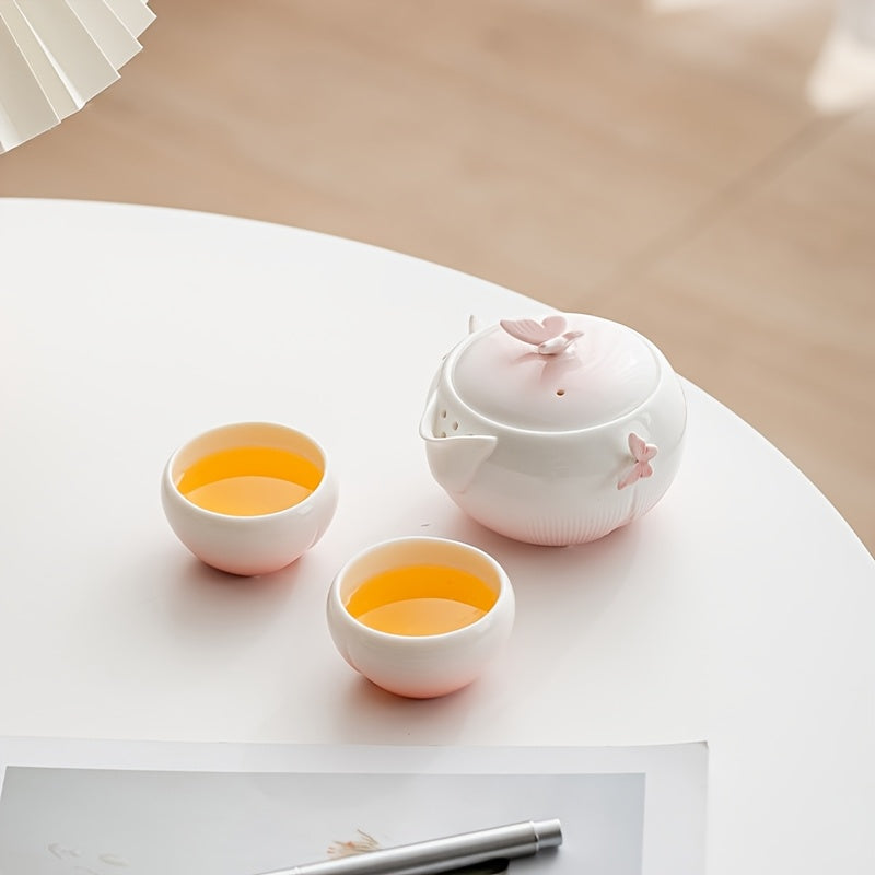 1 Set of Handmade Butterfly-shaped Ceramic Teapot, Including One Teapot and Two Cups with a Storage Bag, Portable Kung Fu Tea Set for Outdoor Camping, a Cute and Creative Gift