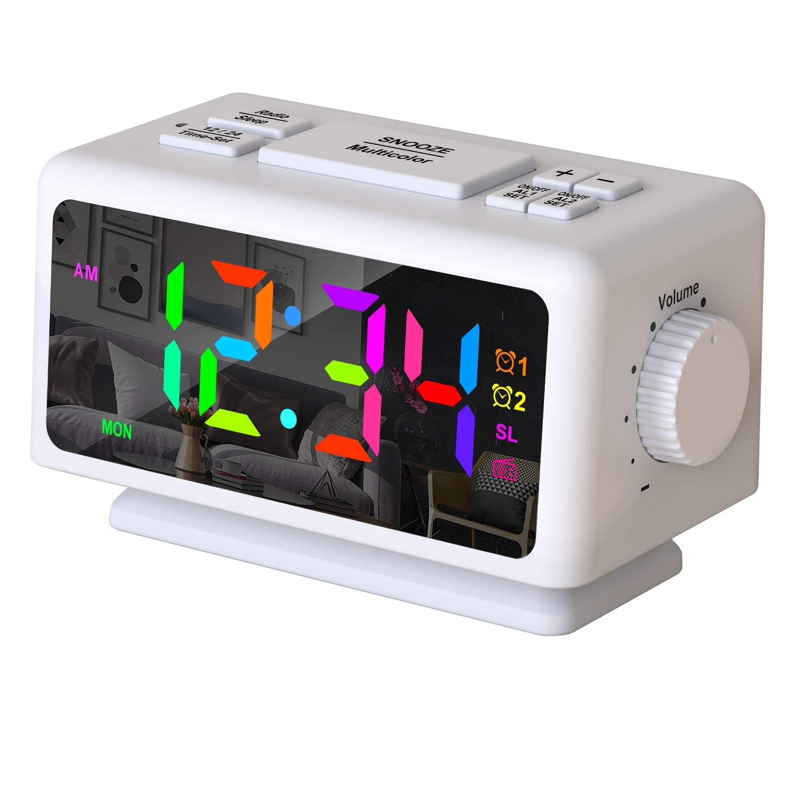 Moderan crni radio budilnik sa RGB LED ekranom, USB napajanjem, FM radiom, funkcijom "Snooze", i pozadinskim osvetljenjem, kompaktan dizajn za pored kreveta ili radni sto, šarmantan budilnik