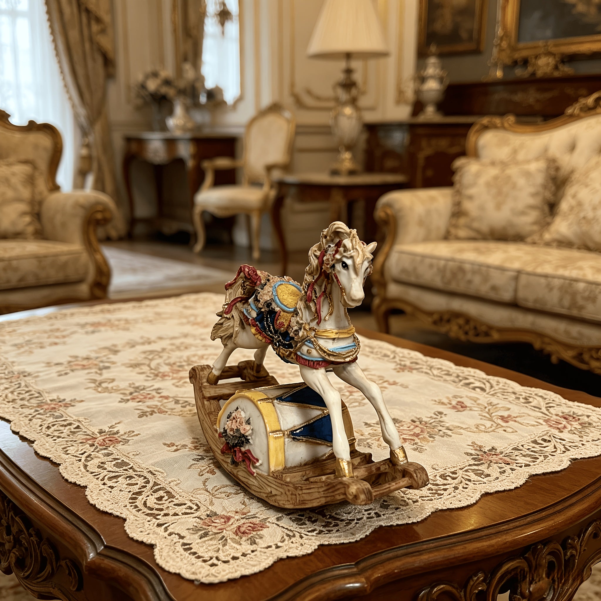 1pc Vintage European Rocking Horse Figurine - Resin Rocaille Horse with Floral Base & Rocker Motion Suitable for Living Room,, Desktop Decor - Luxury Fairy Tale Gift for, Birthday, Housewarming Presents, Historical Collectible