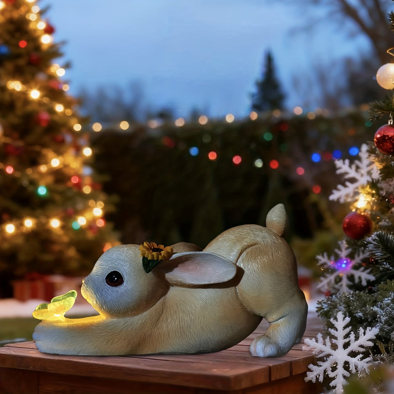 A decoration rabbit statue decoration with solar butterfly light, villa lawn decoration garden rabbit statue ornament, suitable for courtyard, balcony, yard, lawn decoration - unique housewarming gift
