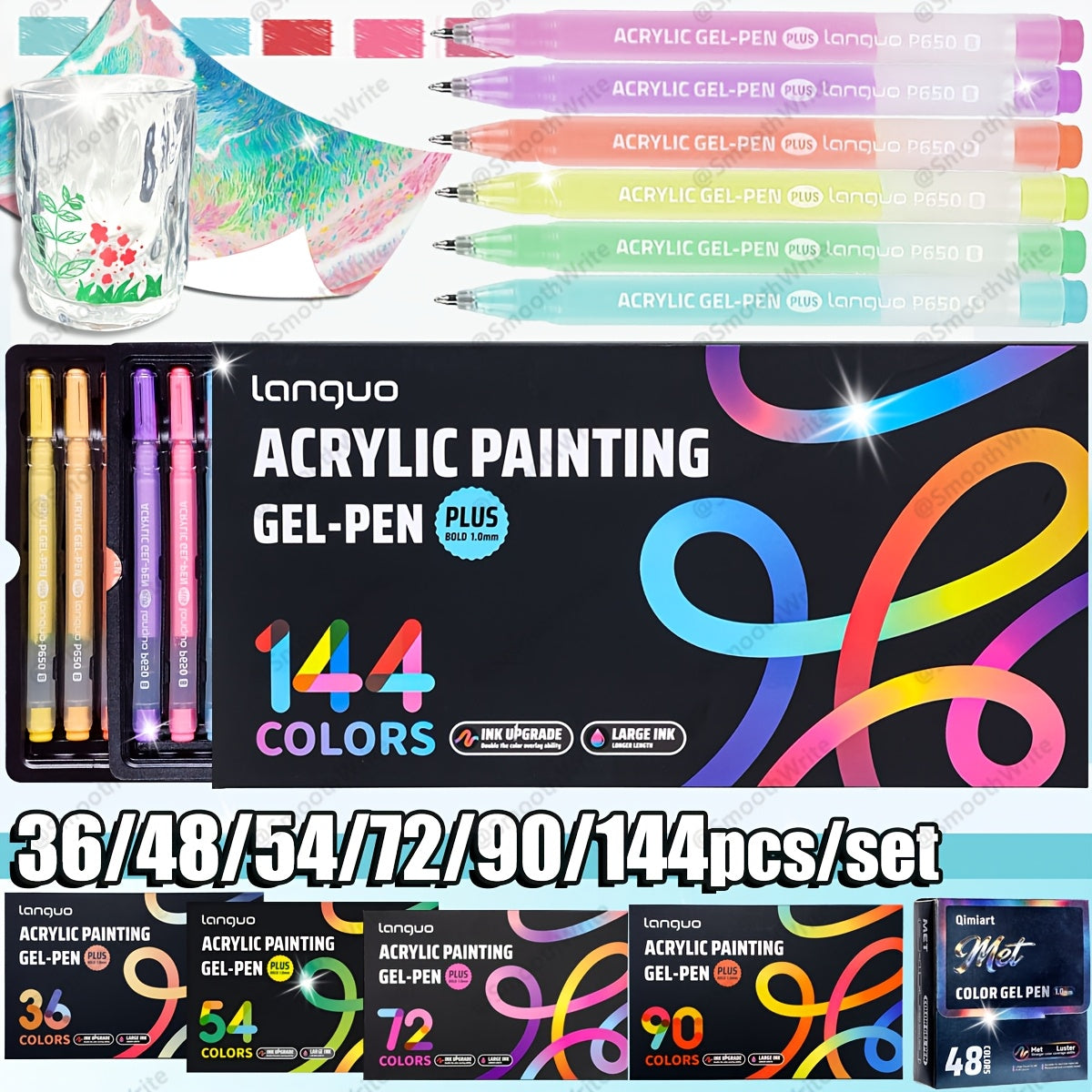 LANGUO Multi-Color And Metallic Gel Pens, 36/48/54/72/90/144 COLORS, 1.0Mm Tip, Vivid Pigment, Works on All Surfaces, for Rock Drawing, Glass Art, Wood Crafts, Journaling, And Gifting