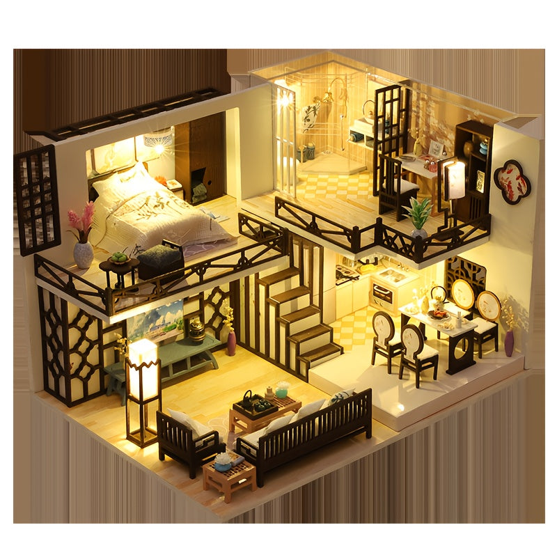 Dvoslojna nova kineska stil loft DIY ručno rađena koliba, DIY mini koliba komplet za izradu. Poklon za interakciju roditelja i djece i za parove, DIY drveni model kolibe za sastavljanje, dekorativni ukras za radnu površinu i policu za knjige, igračka za o