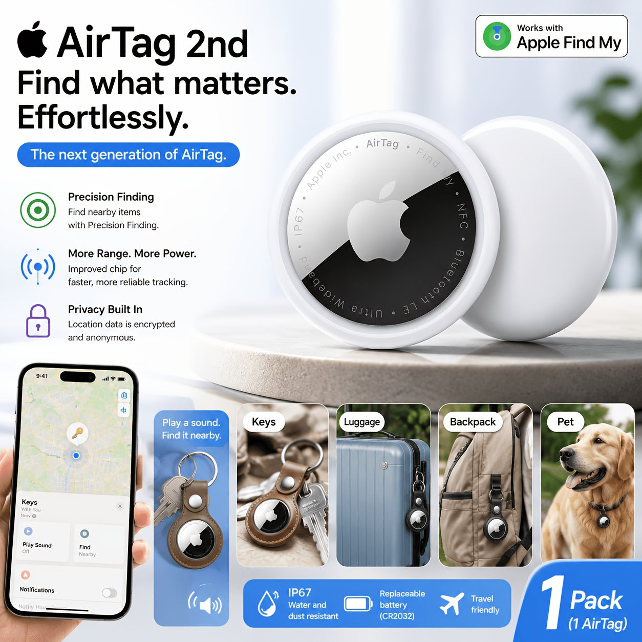 Apple Airtag (2Nd Generation): Tracker for Keychain, Wallet, And More; Locator with Sound; Easy One-Tap Setup with Iphone Or Ipad; Key Finder with Up to 1.5X Precision Finding Range