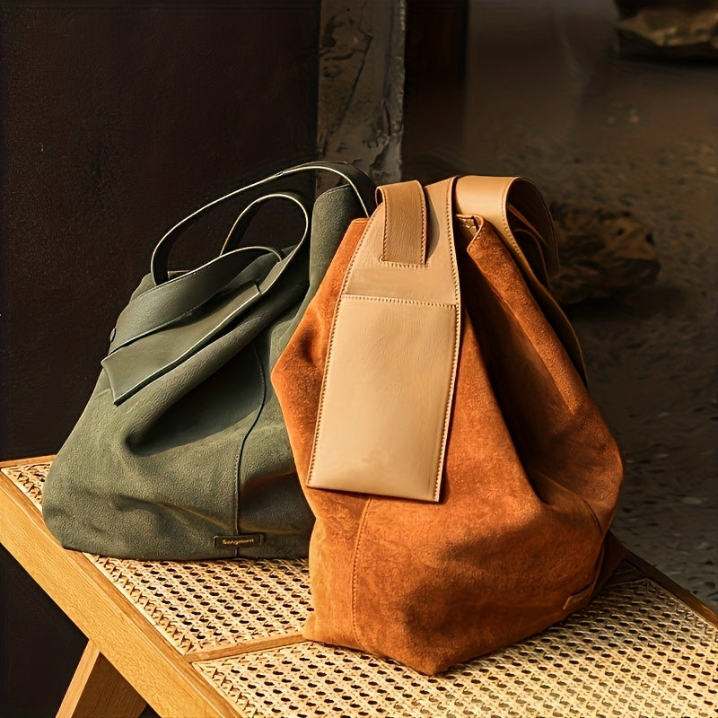 1pc Women's Large Capacity Corduroy Crossbody Bag with Magnetic Closure Suede Panel & Hanging Ear Design - Adjustable Strap Corduroy Handbag Suitable for Commuting, Parties, Casual Outfits, Olive Green/Caramel, /Korean Style