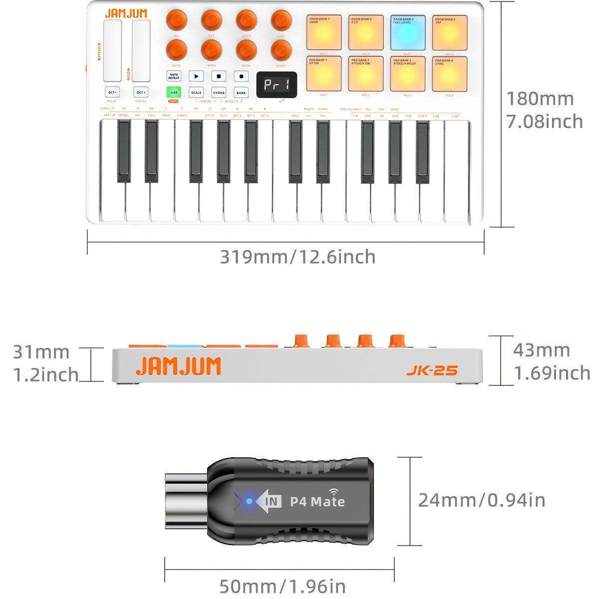 JAMJUM 25-Key MIDI klavijatura sa Drum Pad/Knob, bežičnom konekcijom, DAW kontrolom, podržava bežični MIDI OUT, punjiva baterija sa MIDI risiverom
