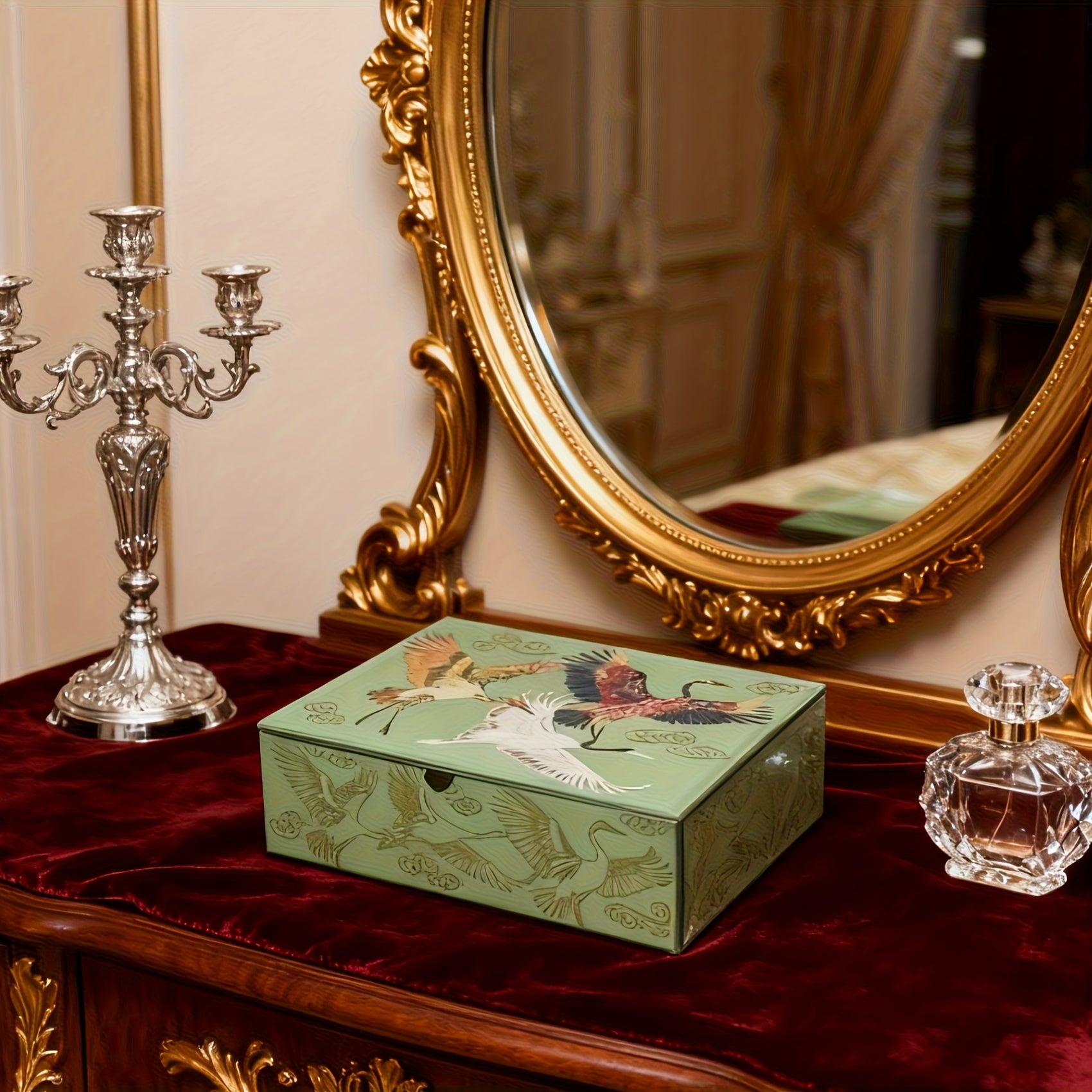 Medium/Large Auspicious Clouds and Cranes Painted Dustproof Box, High-Transparency Glass Jewelry Box, Stylish Chinese-Style Desktop Ornament, Premium Multi-Functional Dustproof and Storage Box, Holiday Gift Box, Jewelry Boxes