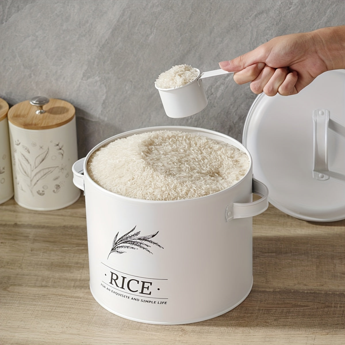 A Round White Metal Storage Canister for Organizing Rice, Potatoes, Vegetables, Food Containers, Kitchen Supplies, Housewarming Gifts, Suitable for Dining Rooms, Dorms, And Homes