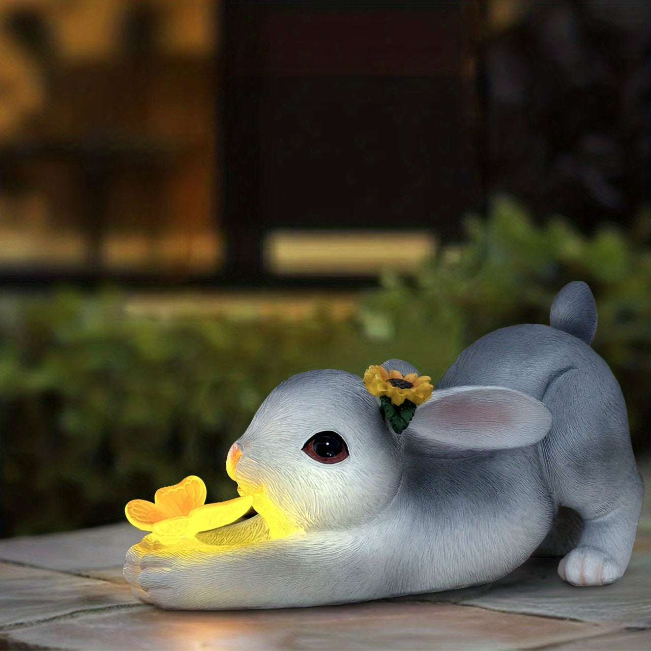 A decoration rabbit statue decoration with solar butterfly light, villa lawn decoration garden rabbit statue ornament, suitable for courtyard, balcony, yard, lawn decoration - unique housewarming gift