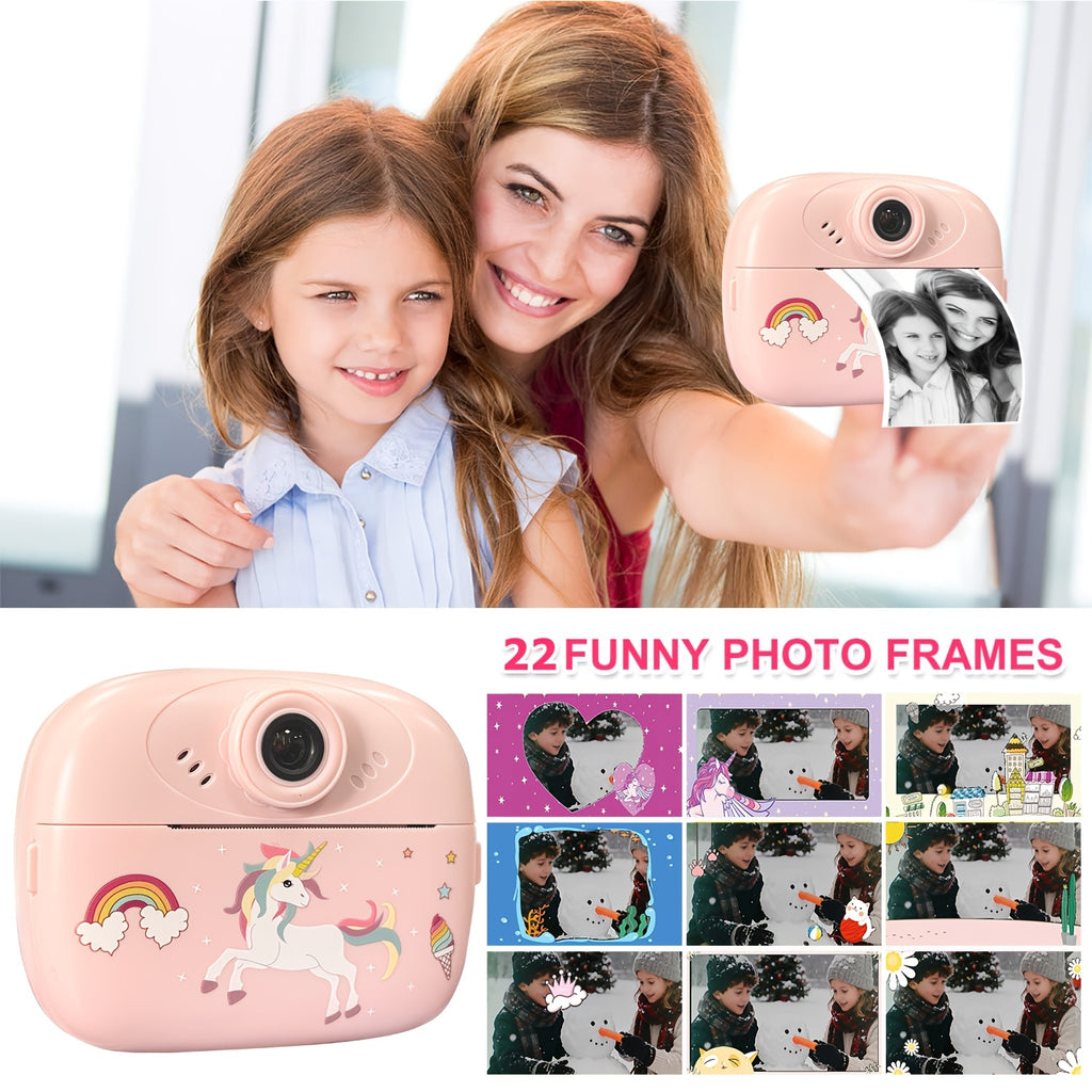 Dečiji fotoaparat za trenutni štampanje 5-u-1 - Odmah štampa fotografije, ima funkciju velike foto-budke, mini-igre, 8x digitalni zum, 1080P HD ekran, fotografija - Uključuje USB kabl, traku za nošenje i tri rolne papira za štampanje - Savršen poklon za N