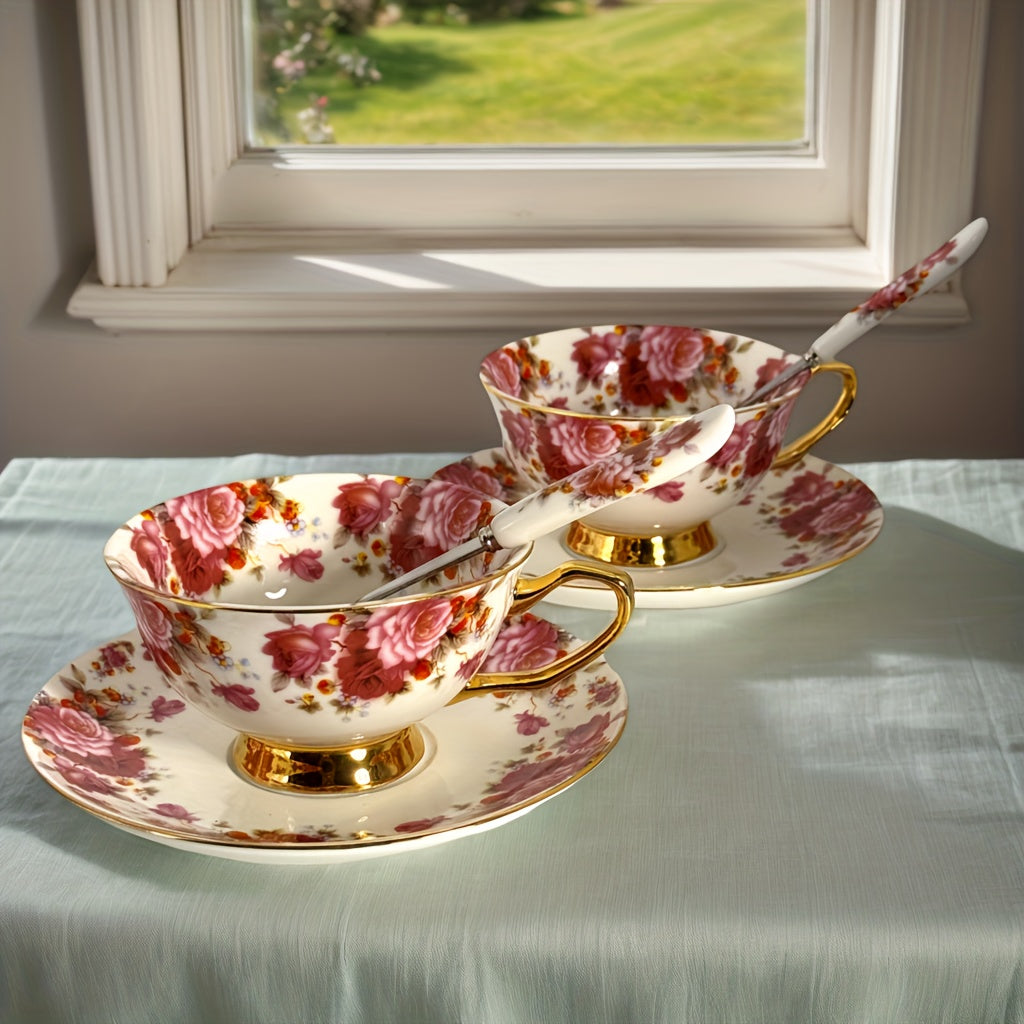 2 Set Roze Cvetni Keramički Šolja i Tacna sa Zlatnim Detaljima, Uključuje 2 Kašike & 1 Metalni Stalak - 7Oz Romantična Vintage Šolja za Čaj, Elegantan Poklon za Majčin Dan, Dan Zaljubljenih za Nju, Ženu, Maminu