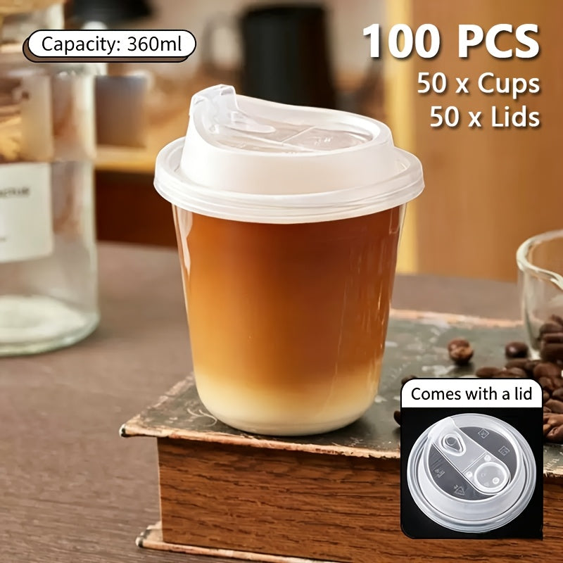 100pcs (50pcs Cups And 50pcs Lids) PET Cups, Plastic Cups with Lids, Leak-Proof Design, Flip-Top Mouth, Very Suitable for Lovers, And Applicable to Tea, Juice And Other Beverages. Very Suitable for Takeaway from Beverage Shops for School