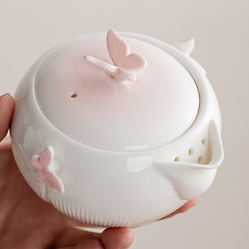 1 Set of Handmade Butterfly-shaped Ceramic Teapot, Including One Teapot and Two Cups with a Storage Bag, Portable Kung Fu Tea Set for Outdoor Camping, a Cute and Creative Gift