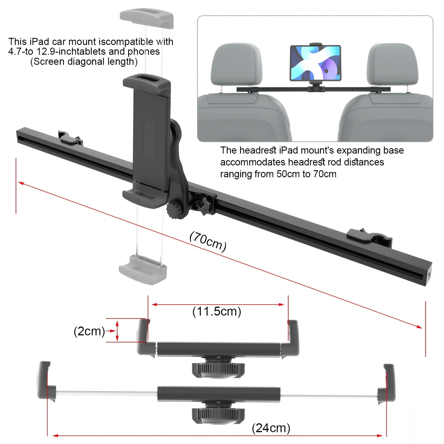 TEEFEET Podesivi držač za iPad za naslon za glavu u automobilu - Stezna montaža kompatibilna za iPad Pro/Air/Mini stalak za tablet, podesivi stezni nosač sa bazom za naslon za glavu, stalak za tablet pogodan za zadnje sedište automobila, za upotrebu u voz