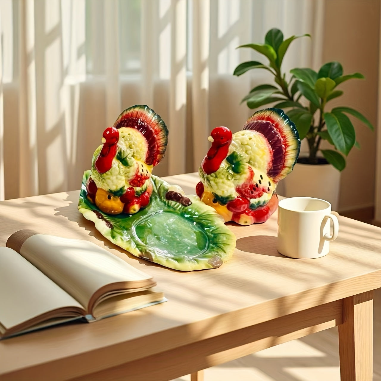 Set posuda za so i biber od keramike sa motivom ćurke i bundeve, savršeno za jesenju dekoraciju stola, dimenzija 18.29 X 11.43 cm, dostupno u 3 boje