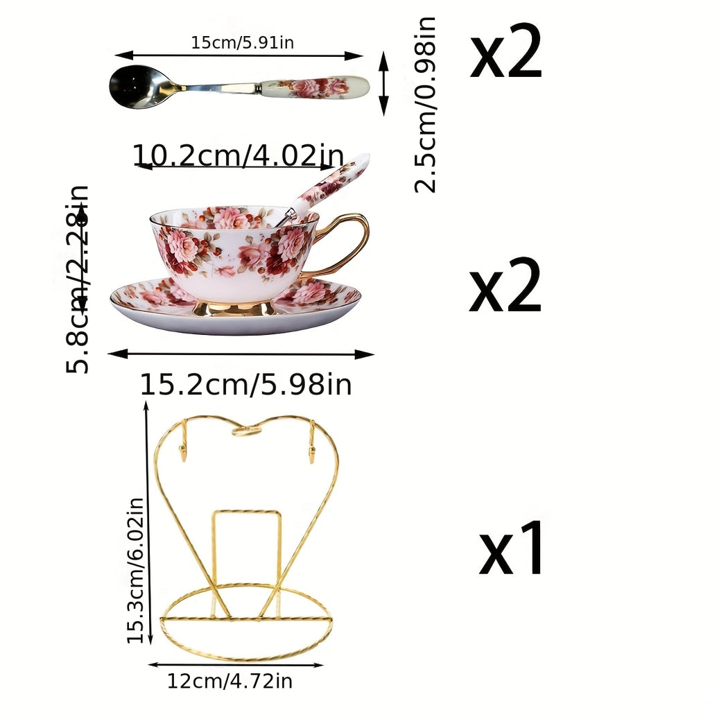 2 Set Roze Cvetni Keramički Šolja i Tacna sa Zlatnim Detaljima, Uključuje 2 Kašike & 1 Metalni Stalak - 7Oz Romantična Vintage Šolja za Čaj, Elegantan Poklon za Majčin Dan, Dan Zaljubljenih za Nju, Ženu, Maminu